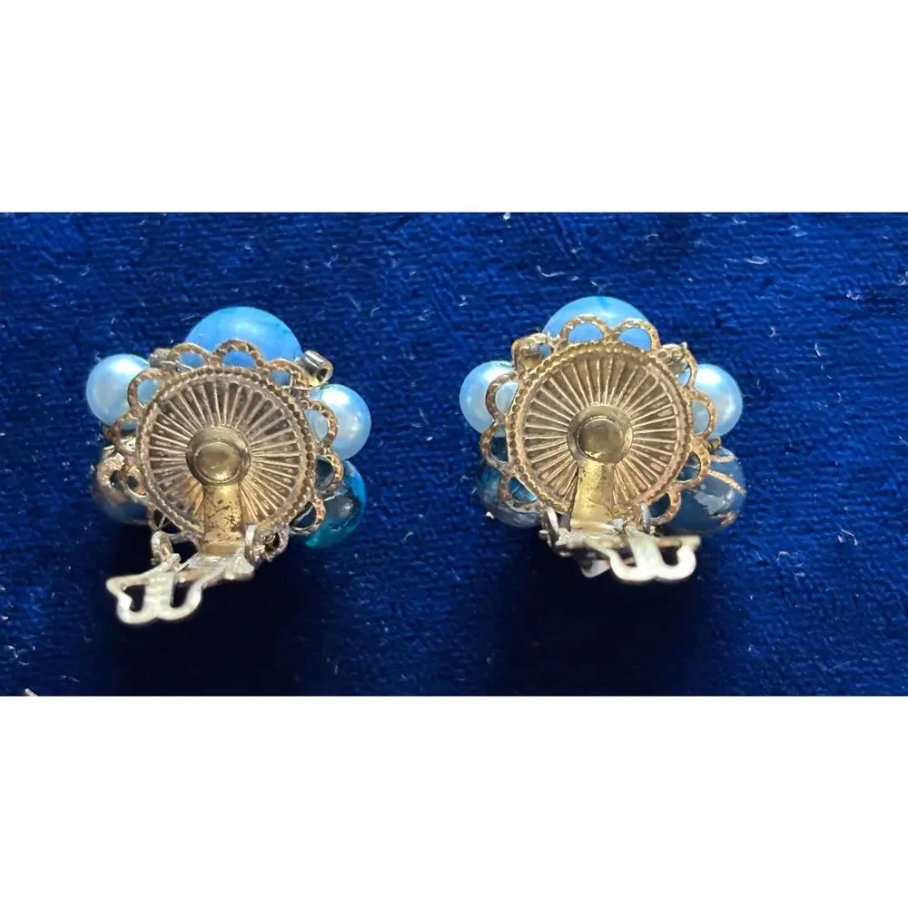 Vintage Japan Necklace and Earrings Lot 2 Blue Multi Color Gold Venetian Glass